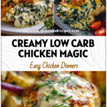 Golden Oven Baked Spinach Artichoke Stuffed Chicken served with fresh vegetables for a healthy low carb dinner.